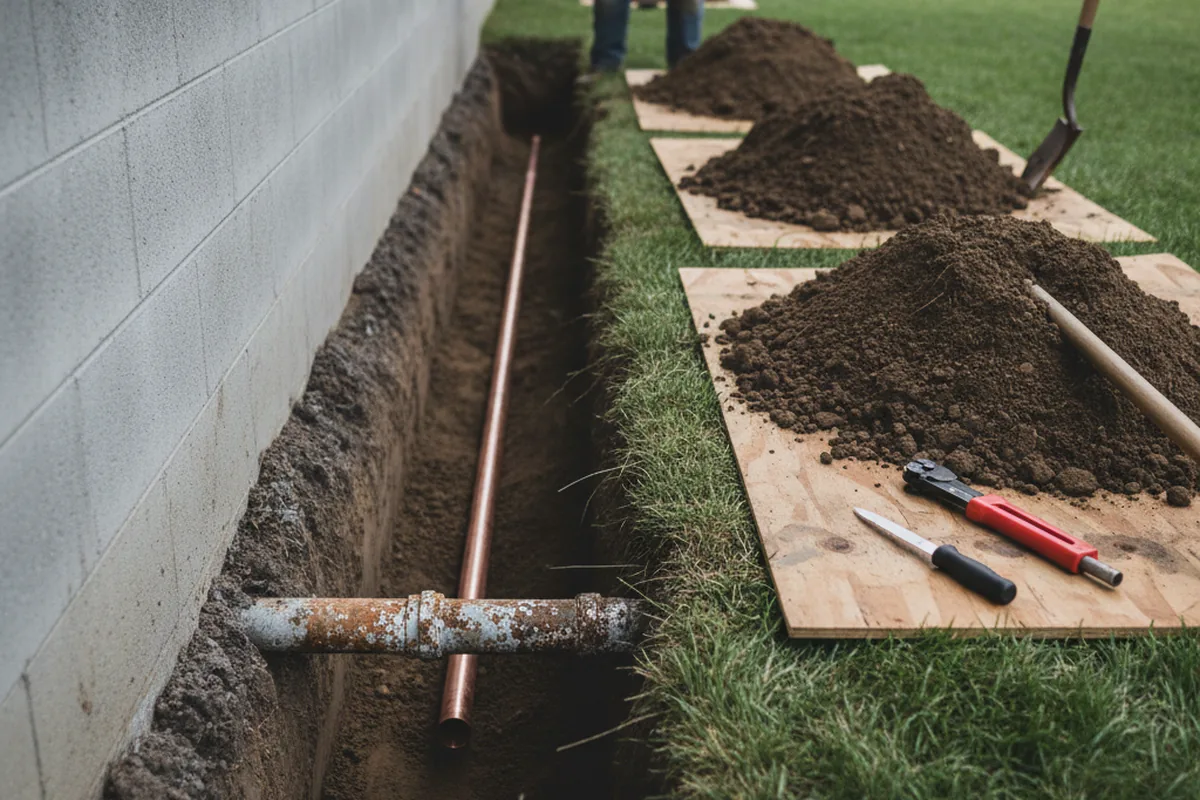 Excavated water line trench during Water Heater Repair in Yale